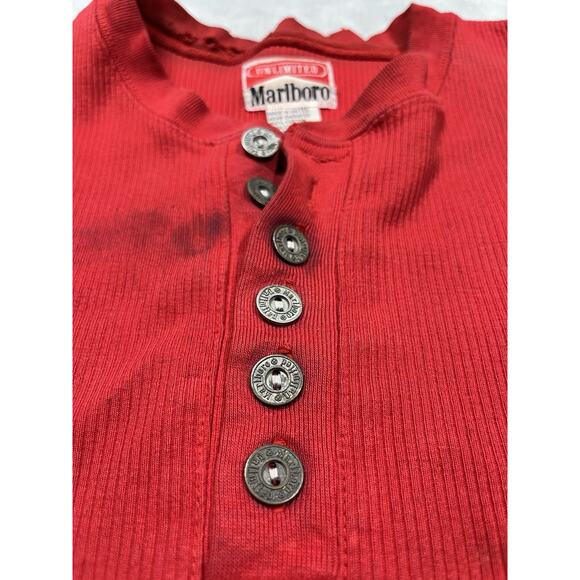 Vintage 90s Marlboro Red Henley Shirt Smoker Grunge Punk XL Cigarette Thrashed - Picture 8 of 16